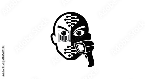 Symbolic black and white icon of a face with barcode being scanned.