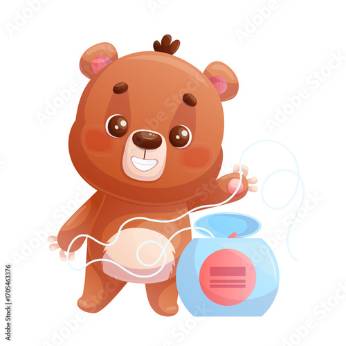 Funny happy cute teddy bear holding dental floss on a white background. The concept of a dental clinic. Cartoon children's vector illustration for the design of postcards, postcards, stickers