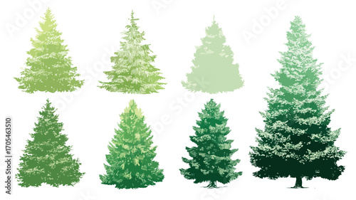 Set of Festive Christmas Trees Icons for Holiday Decorations in Vector Illustration
