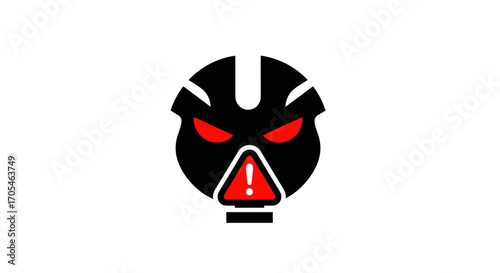 Angry robot head icon with glowing red eyes and a warning sign.