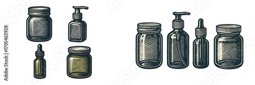 Assortment of empty glass jars, pump bottles, and dropper vials for cosmetic and pharmaceutical products
