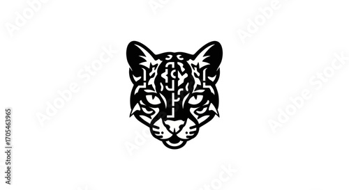 Stylized black and white ocelot head vector logo.