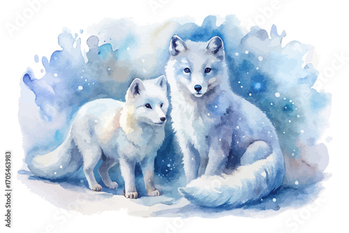 Watercolor arctic fox in snow 