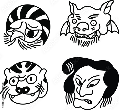 Halloween Tattoo Style Japanese Mask Vector Set – Line art Vector Illustrations of Mythological Creatures