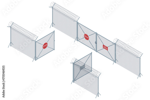 Isometric wire fence with barbed wire, gates, and stop signs. Concept of border security, restricted area, migration barrier.