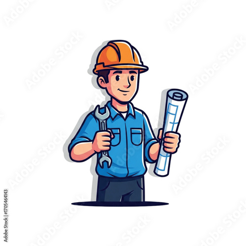 Construction worker holding wrench and blueprint.