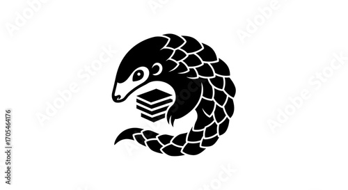 Stylized black pangolin logo with a stack of books.