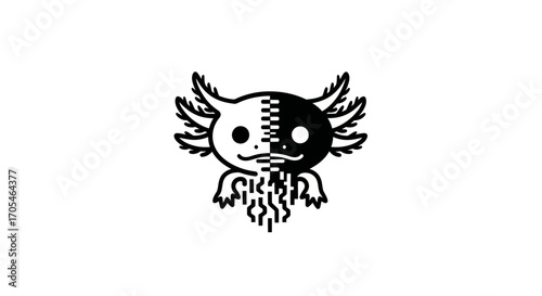Stylized black and white yin yang axolotl illustration.