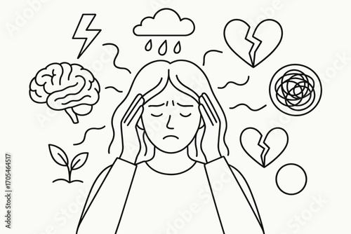 Mental Health Crisis Outline Illustration – Stressed Woman with Depression and Anxiety Symbols