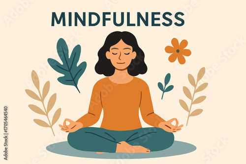 Mindfulness and Meditation Illustration – Woman in Lotus Pose with Nature Elements
