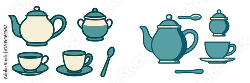 Elegant tea set collection with teapots, teacups, sugar bowl, and spoons for serving hot drinks