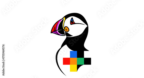 Stylized puffin bird with colorful geometric elements.