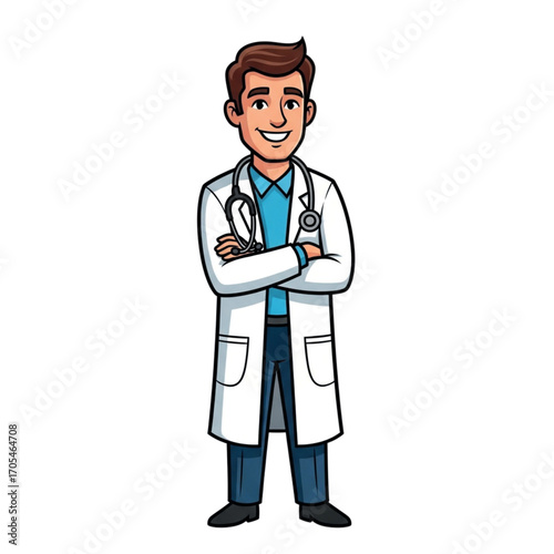 Cartoon Doctor Standing Confidently With Stethoscope.