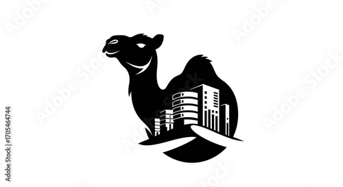 Modern Camel Silhouette Incorporating an Urban Skyline Logo.