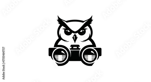 Creative logo of a fierce owl holding binoculars.
