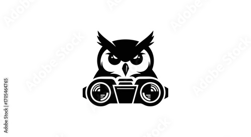 Fierce black owl mascot holding binoculars vector icon.