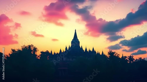 Sunset over Bodh Gaya showing the temple silhouette with colorful sky blending pink and orange hues, peaceful and inspiring 