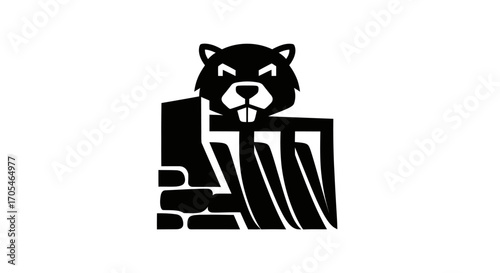 Simple black silhouette of a beaver peeking over a dam.