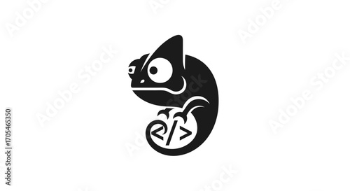 Creative chameleon logo with programming code symbols.