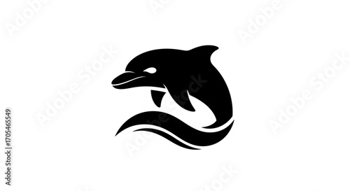 Minimalist black dolphin silhouette jumping over a wave.