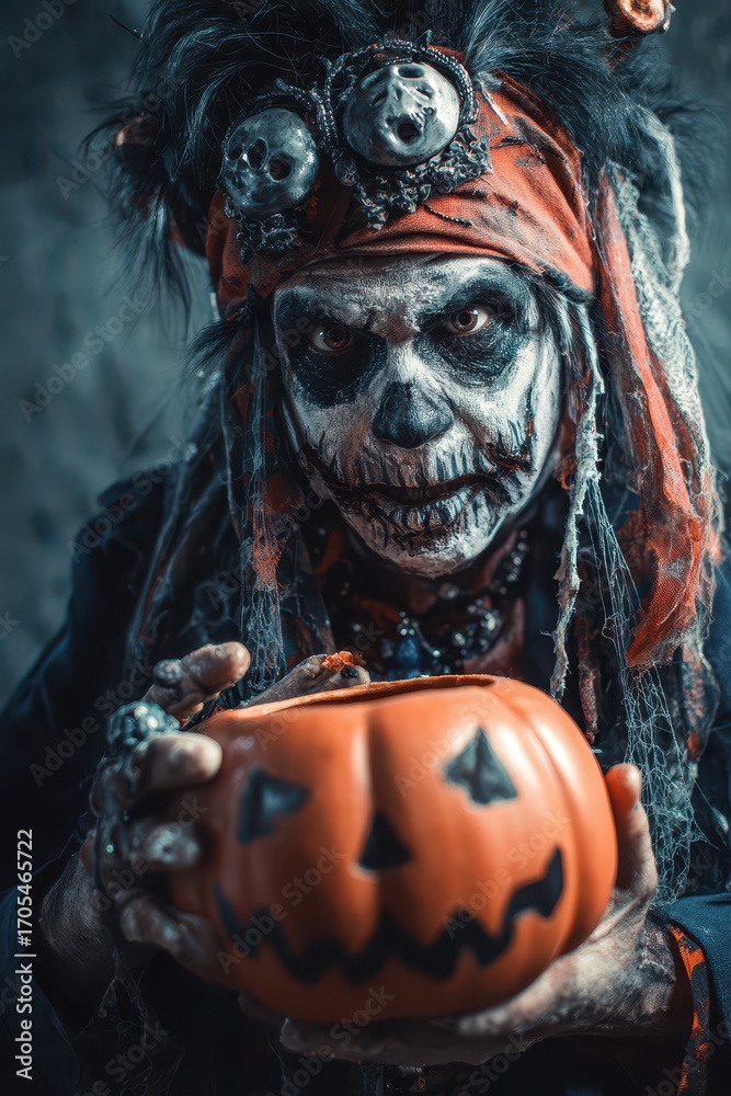 Naklejka premium Spooky Halloween character with pumpkin candy bowl