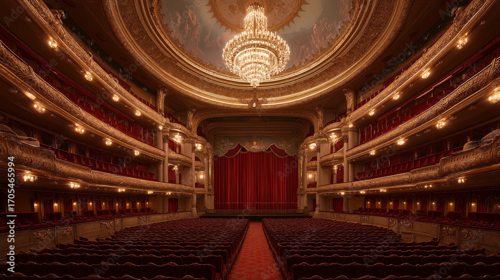 Obraz premium Grand opera house interior with empty red velvet seats and ornate gold detailing. Beautiful theatre with illuminated luxurious chandelier. Performing arts venue for entertainment