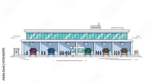 Modern Bus Station Building with Buses Lined Up.