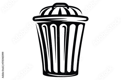 A closed trash can with black stripes and a lid stands prominently displayed