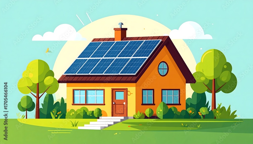Naklejka premium Cartoon House with Solar Panels. Eco-Friendly Home. Sustainable Living and Renewable Energy Concept. Green Power Illustration.