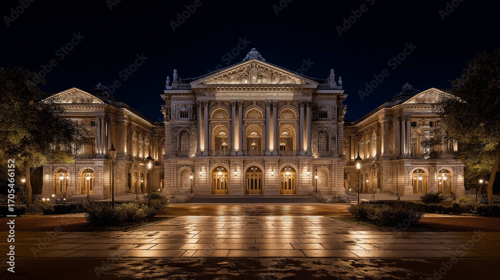 Obraz premium Grand classical building facade illuminated at night. Historic architecture with detailed ornamentation, columns, and glowing windows for tourism