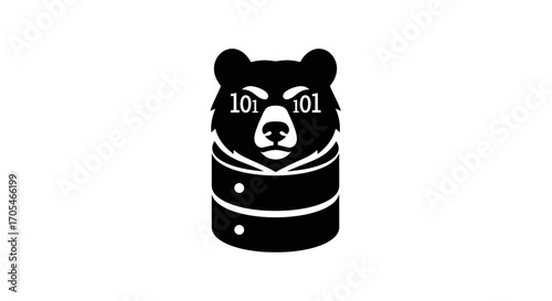 Creative logo design of a bear with binary code eyes and database body.