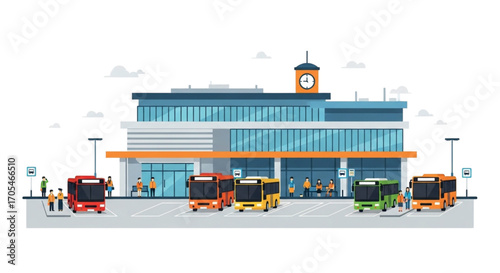 Modern Bus Station with Buses and People.