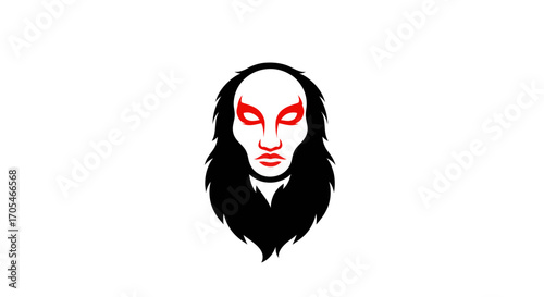 Stylized theatrical face with long black hair and red makeup.