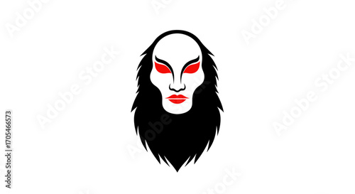 Stylized illustration of a mysterious face with glowing red eyes and long black hair.