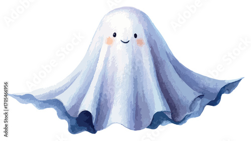 Adorable Watercolor Cute Ghost Halloween Clipart on White Background