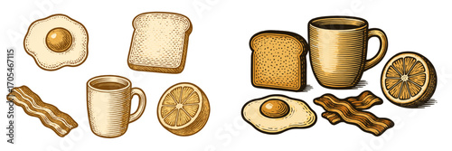 Classic breakfast food items set with fried egg, crispy bacon, toast, coffee mug, and fresh lemon slice, a delicious and complete morning meal
