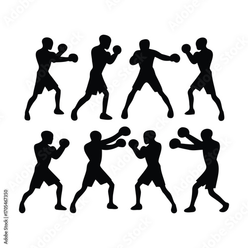 Silhouettes of Boxers in Various Fighting and Training Poses