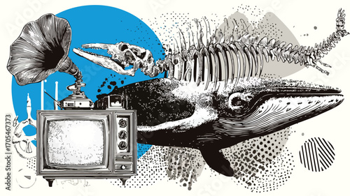 Fascinating Composition of TV, Whale, Dinosaur Skeleton, TV, and Gramophone