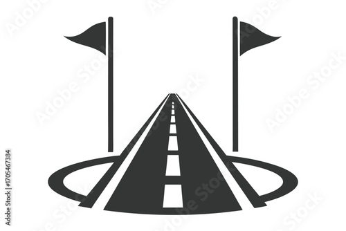 A road leads to two flags, and the design 