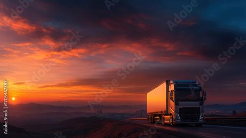 A large semi-truck driving at sunset