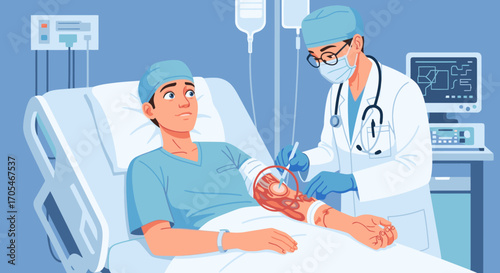 Patient undergoing medical procedure with doctor in hospital room, health and wellness scene