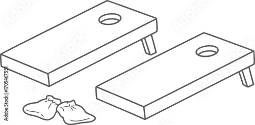 Outline illustration of two cornhole boards with bags near