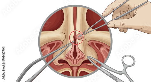 Medical illustration of surgical procedure showing detailed anatomy and tools for healthcare