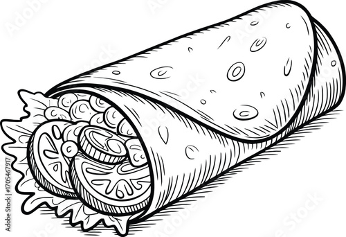 Illustration of a burrito with vegetables and other fillings