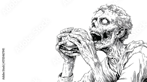 Zombie Eating Burger Ink Sketch - Walking Dead Fast Food Feast