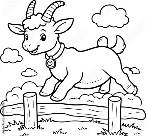 Cartoon goat jumping over a fence coloring page