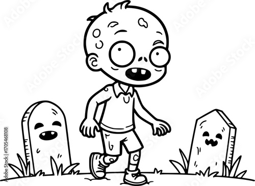 Cartoon zombie walking in graveyard with tombstones outline for coloring page