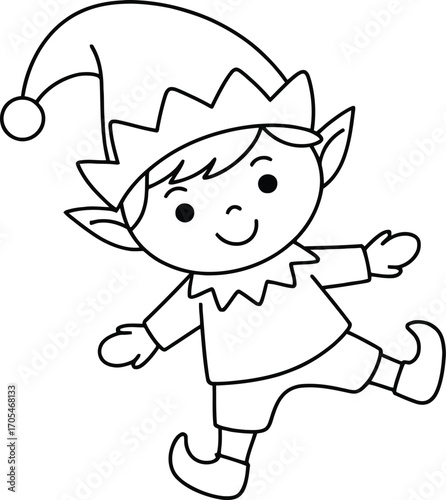 Cartoon elf illustration in black and white line drawing