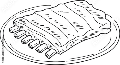 Outline drawing of ribs on a plate in black and white style