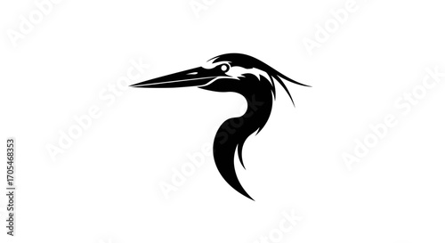 Stylized black heron head silhouette vector logo.